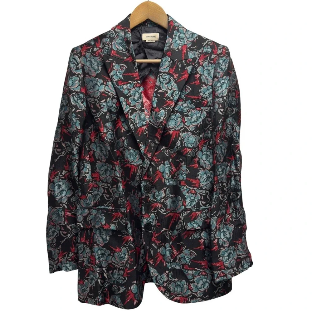Zadig & Voltaire Women's Size 34 Floral Jacquard Viscose Vegy Jac Thunder Blazer - Picture 2 of 6